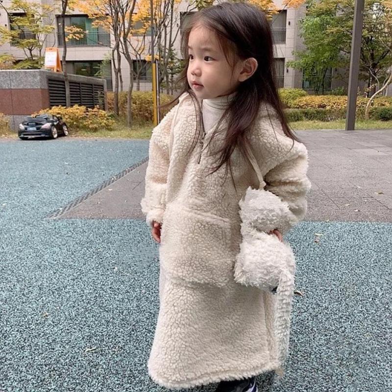 

Jackets 3882E Girl Dress 2022 Winter Korean Children's Lambswool Long Girls Mao Loose Hooded, Beige
