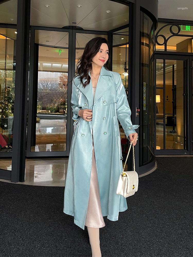 

Women' Trench Coats 2022 Fall French Gentle Lady Mint Green Streamer Satin Jacket Woman Slim Waist Mid-Length Double-Breasted Split Coat