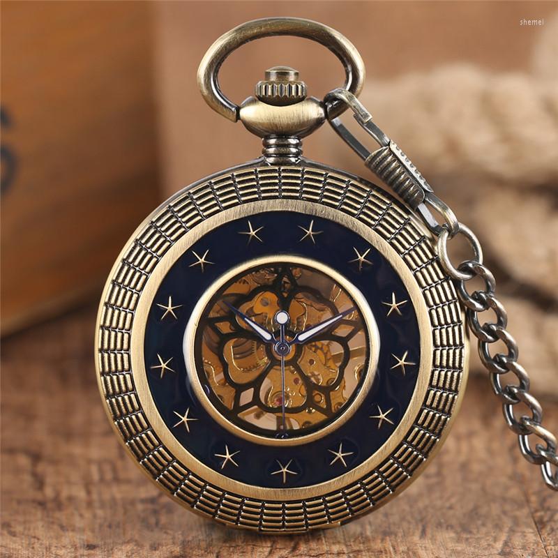 

Pocket Watches Bronze/Silver/Gold Unisex Mechanical Hand Winding Watch Carving Star Skeleton Clock For Men Women Pendant Chain Gift