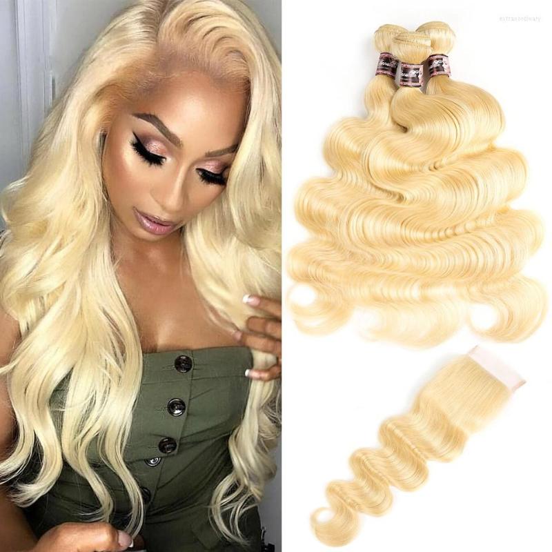

Human Hair Bulks Bundles With 4x4 Closure Brazilian Weave Lace 3 4 Remy 613 Honey Blonde Body Wave