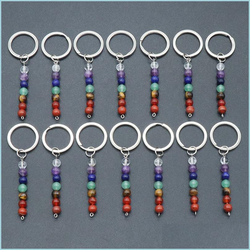 

Keychains Lanyards Natural Crystal Stone Keychain 7 Chakra Beads Key Rings Bag Pendant Car Decor Chain Keyholder Drop Delivery 2022 Dh76F
