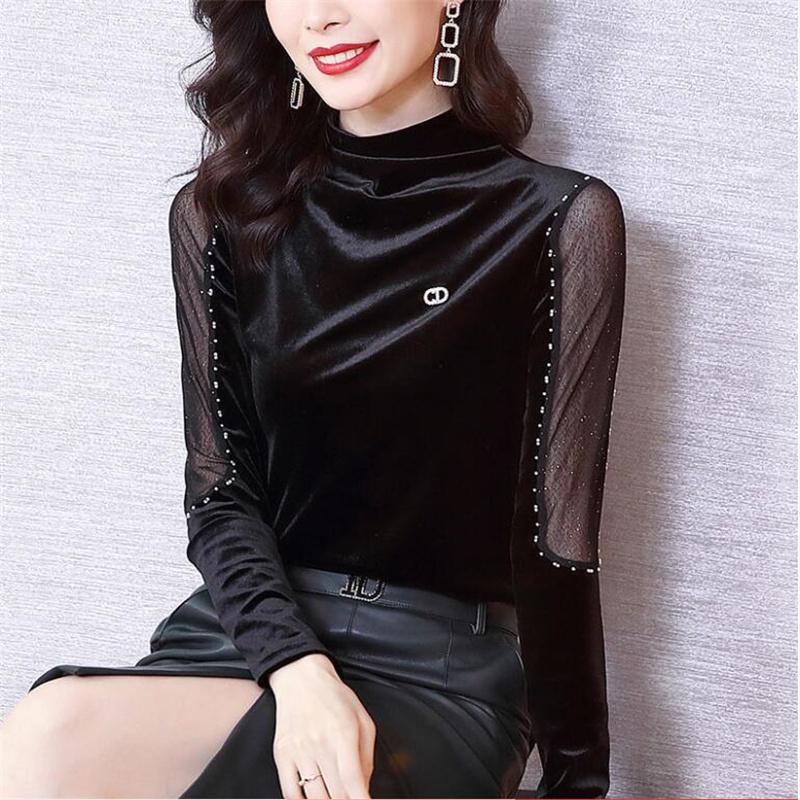 

Women's T Shirts Gold Velvet Bottoming T-shirt For Women Inner Half-high Collar Black Net Gauze Beaded Long-sleeved Offce Ladies Casual, Claret