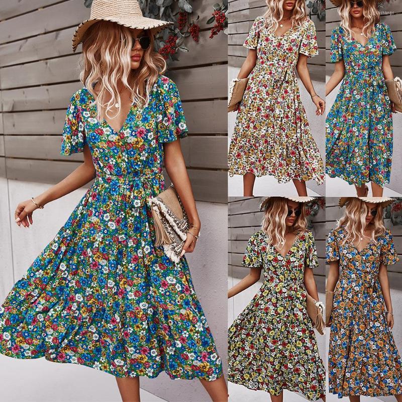 

Casual Dresses Arrival Dress Women V Neck Floral Print Sexy Slim Midi Summer Asymmetrical Holiday A Line Vestidos Mujer, Black