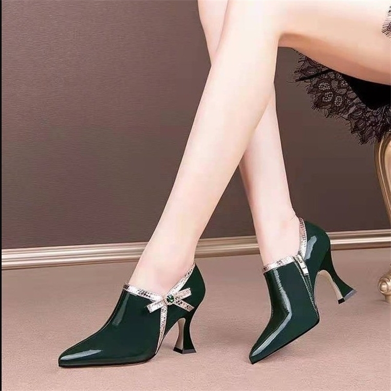 

Dress Shoes Fashion Spring Women Pumps High Heels Pointed Toe Bowtie Side Zip Female Footware Black Green 221010