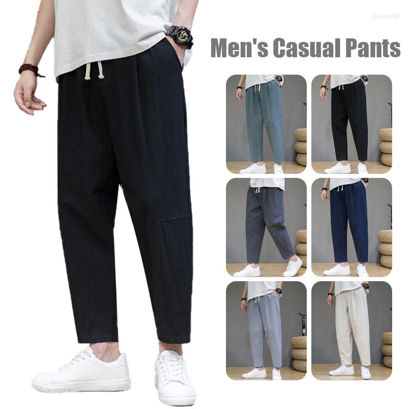 

Men's Pants Men Summer Casual Cotton Linen Sweatpants Joggers Drawstring Elastic Waist Trouser Japanese Style Loose Straight Leg