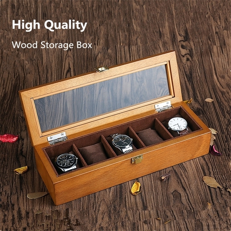 

Watch Boxes Cases 5 Slots Wood Watch Display Box Case Black Wooden Watch Organizer Holder Jewelry Display Case With Glass Window 221010