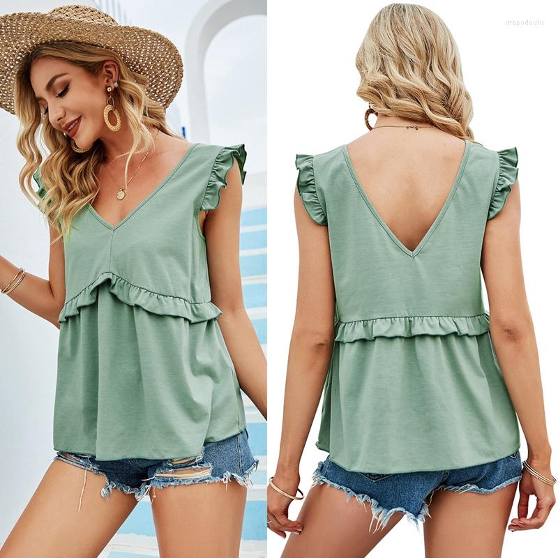 

Women' T Shirts Women' V-Neck Wooden Ear Stitching Green Sleeveless T-Shirt