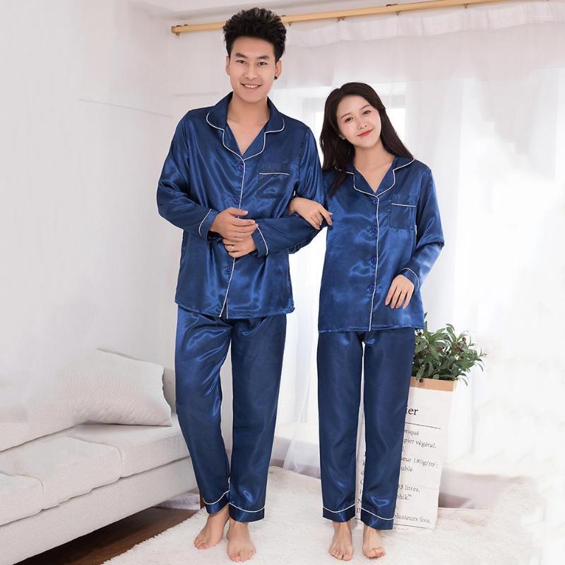 

Men's Sleepwear Silk Satin Men Pajamas Set Fashion Couple Solid Color Long Sleeve Suit Home Nightwear Male Casual, Navy blue