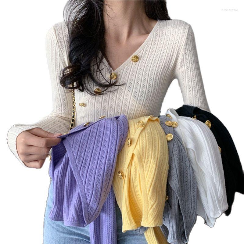 

Women's Sweaters Hollow Out Sexy V-Neck Jumper Sweater Knitted Women Button Korean Fashion 2022 Spring Woman Pullovers Long Sleeve Tops, Black