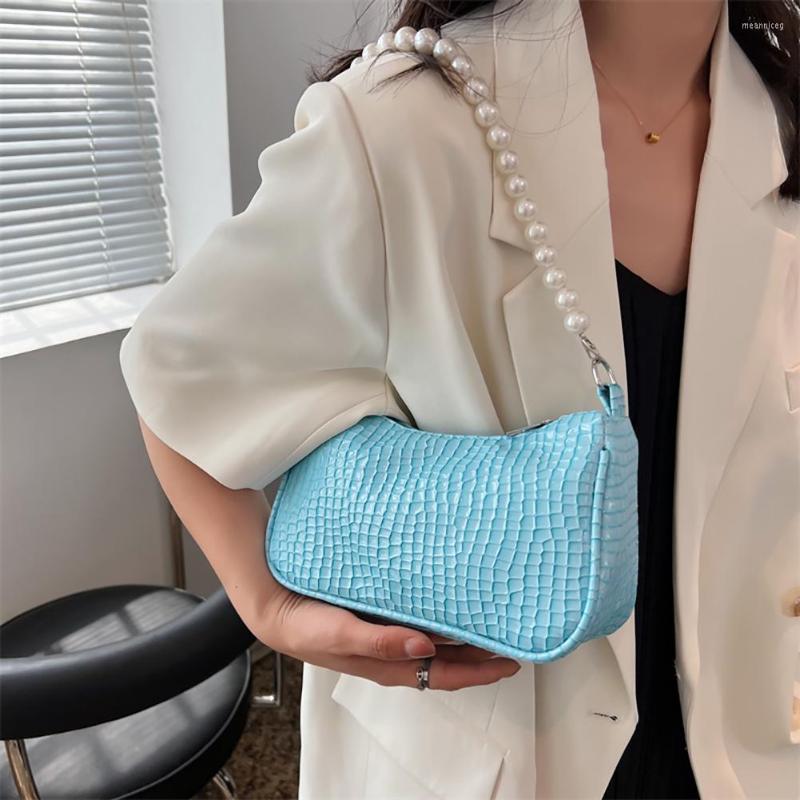 

Evening Bags Fashion Women 's Bag PU Leather Underarm Shoulder Stone Pattern Pearl Chain Bolsa Ladies Small Hobos Brand Designer Handbag, Green