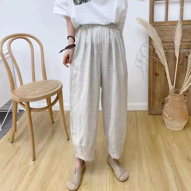

Women's Pants Johnature Linen Harem 2022 Summer Vintage Elastic Waist Loose Pocket Ankle-length Women