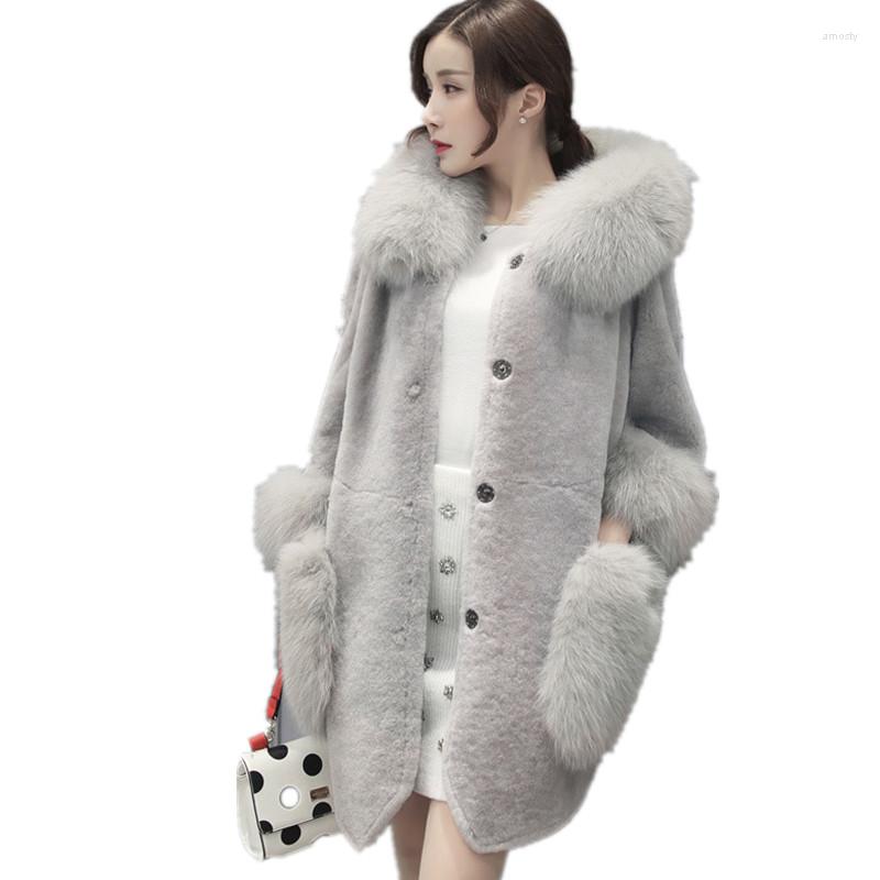 

Women's Fur 2022 Women Winter Coat High Imitation Faux Collar Hooded Jacket Medium-long Overcoat S-4XL, Gray