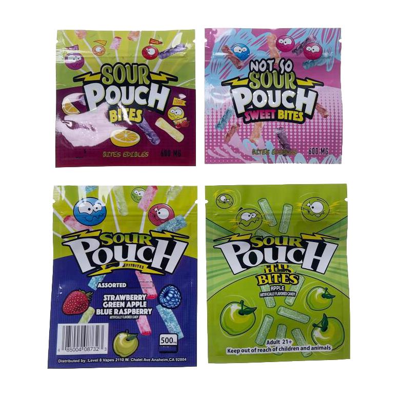 

Pouch Mylar Packaging Edible Bag Sour Package Zipper Smell Proof Food Packing Bags with tear notch Green 500mg Blue 600mg Plastic Pack Child protection lock