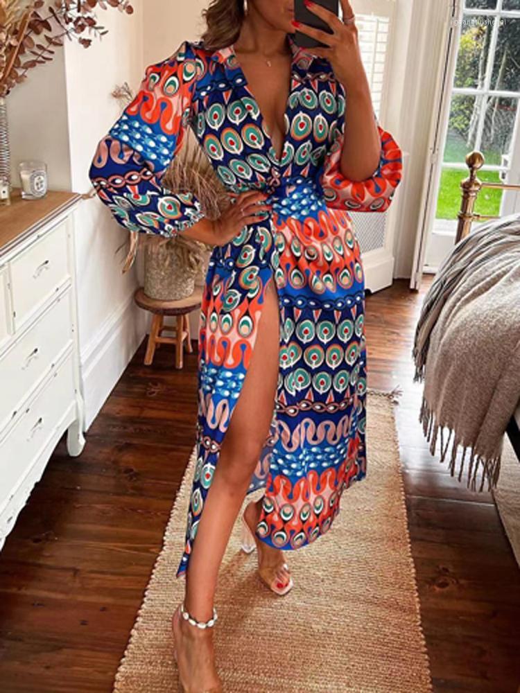 

Casual Dresses Fashion 2022 Sexy Deep V Neck Slit Boho Beach Dress Women Spring Autumn Long Sleeve Lapel Lace-up Lady Loose, 03 blue