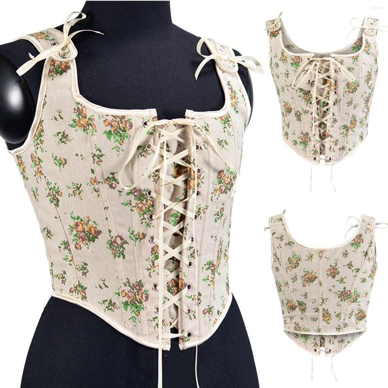 

Women' Shapers Women Sexy Bustier Corset Top Zipper Eyelet Lace Up Floral Print Push Crop Tops Vintage Tank Party Clubwear Bodice, Yellow