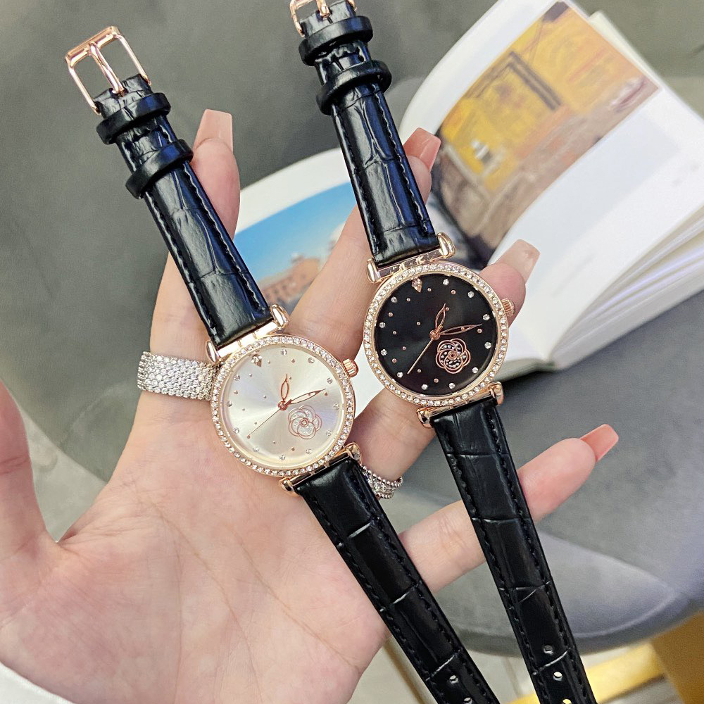 

Brand Wrist Watches Women Ladies Girl Crystal Flower Style Luxury Leather Strap Quartz Clock CH 89, Rose gold white