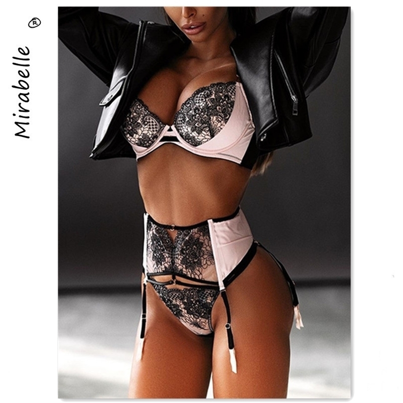 

Sexy Set MIRABELLE Erotic 3piece Set Push Up Bra Brief Sets Lace Sensual Lingerie Patchwork Intimate Luxury Underwear with Garters 221010, Red