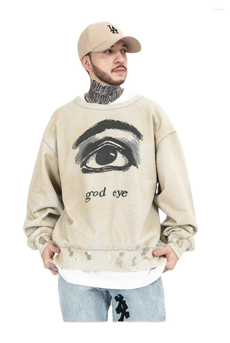 

Men's Hoodies 2022 Autumn And Winter Trendy Brand High Street Retro Graffiti Made Old Broken Holes Washed Loose Round Neck Sweater, Beige