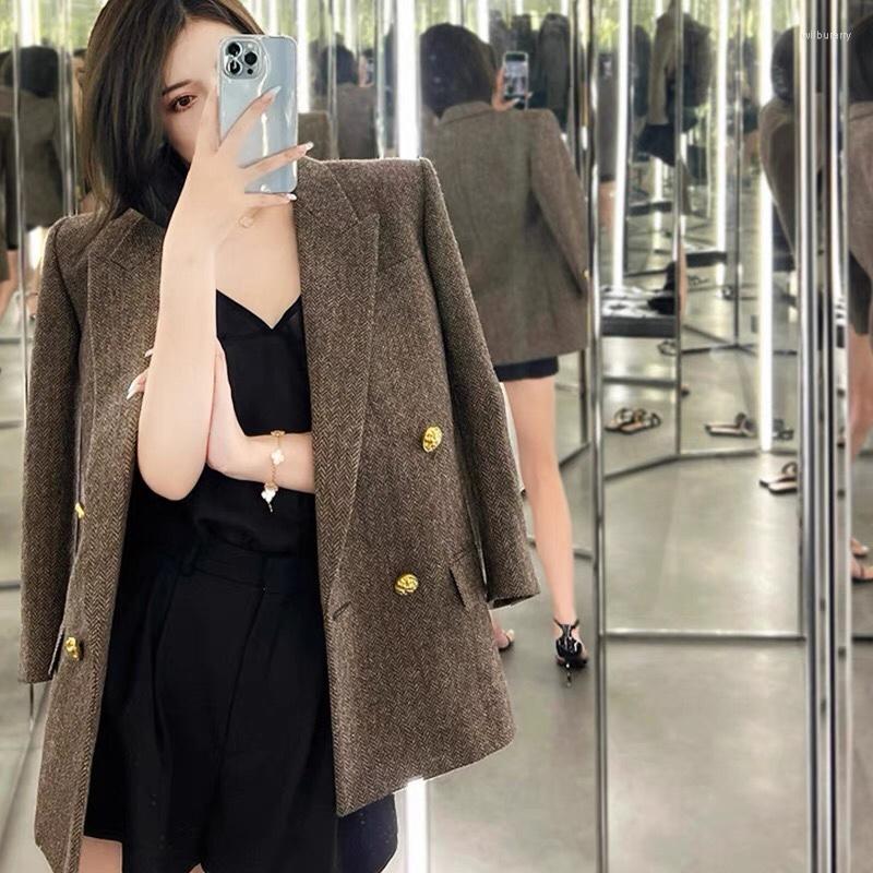 

Women' Suits 2022FW Autumn Women High Quality 50% Wool Double Breasted Blazer Female Chic Coat Outerwear Tclai 8.16, Khaki