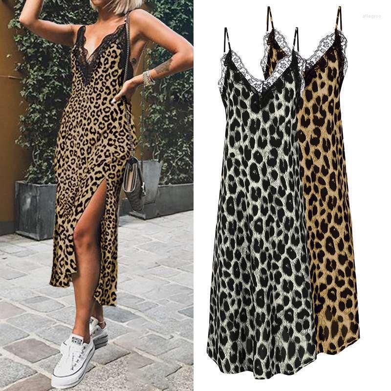 

Casual Dresses Donsignet Women Summer Fashion Sexy Leopard Print Split Ends Lace Sleeveless Mid-Calf A-Line Dress For Ladies, Gray