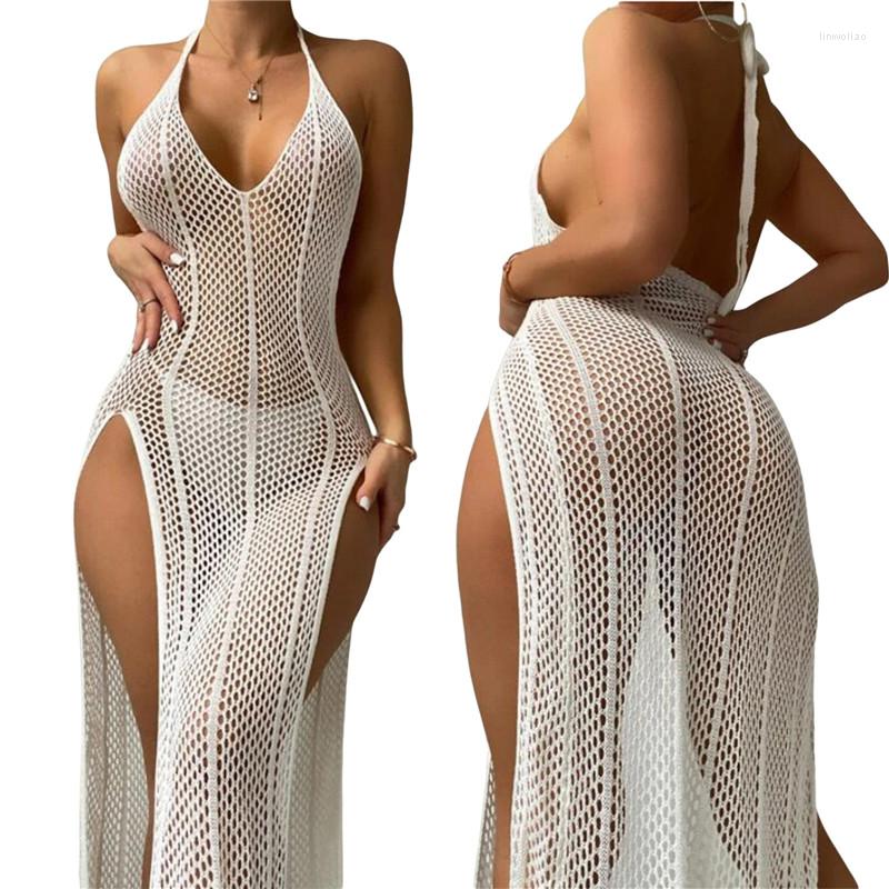 

Casual Dresses Women Knitted Halter Neck Sleeveless Long Dress Sexy White Solid Color Hollow Out Open Back Side Slit Cover-ups Beach Bodycon