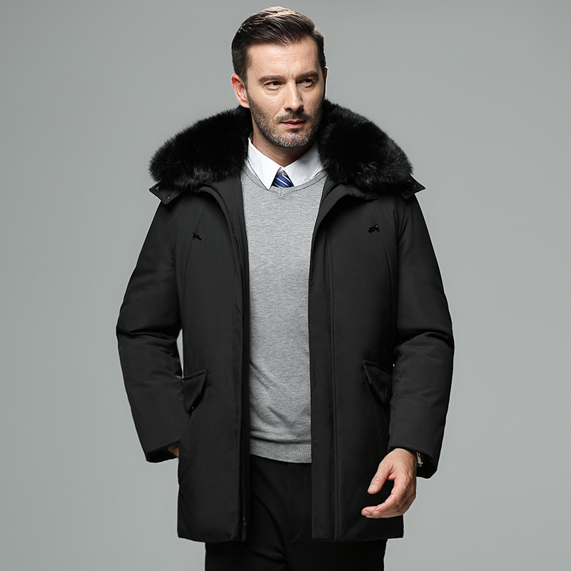 

Men's Down Parkas MidLength Jacket Winter Warm Belt Fur Collar Fashion White Duck Hooded Parka 221010, 805-black