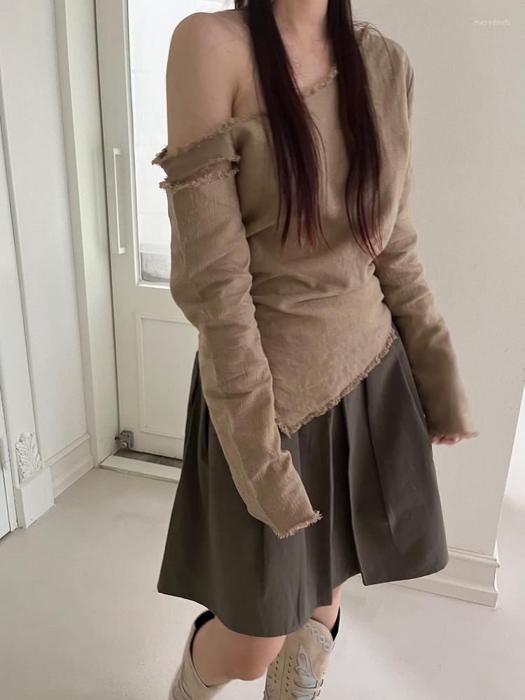 

Women' T Shirts Goth Side Edge Split Tshirt Women Harajuku Vintage Graphic Tees Skew Collar Off Shoulder Long Sleeve Y2k Top Korean Slim, Brown