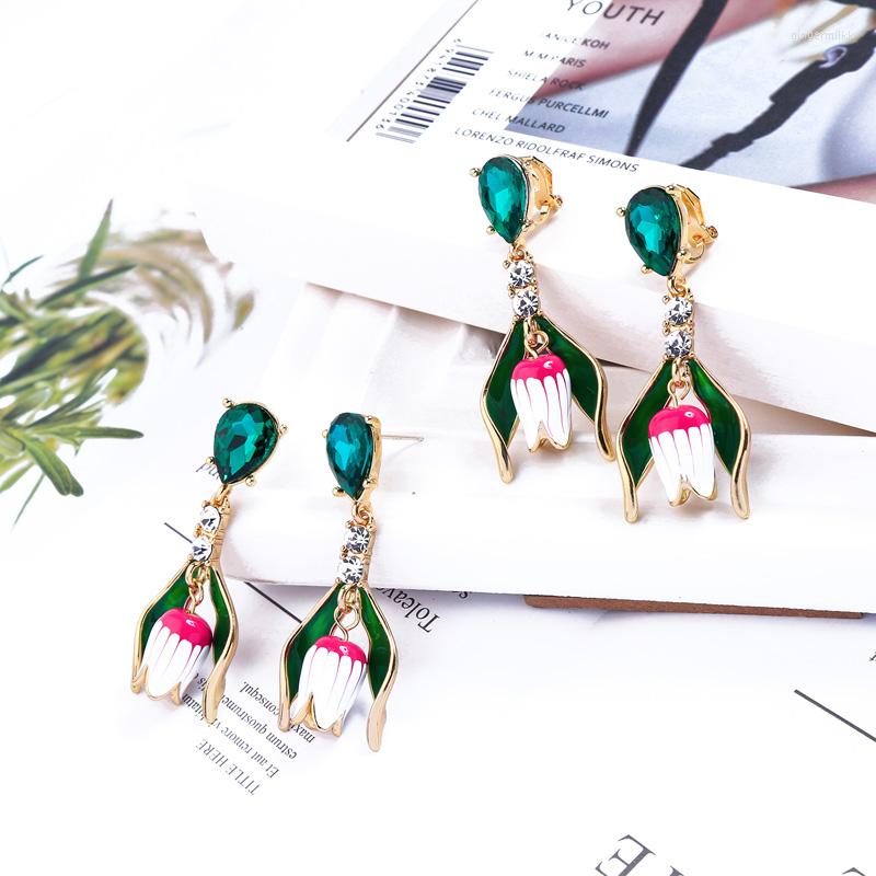 

Dangle Earrings Trendy Women Long Enamel Flower Crystal Pendant Drop Wholesale Price Fashion Jewelry