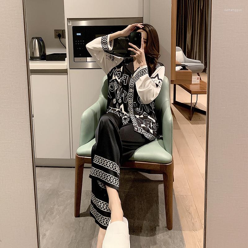 

Women's Sleepwear Women's Pajamas Ice Silk Nightgown Black With Trousers Letter Two Piece Sets Spring Summer Home Clothes, Short sleeve