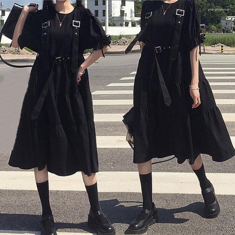 

Casual Dresses Japanese Kawaii Black MIDI Skirt Gothic Dress Retro Ruffle Sleeve Sling Bandage Loose Cosplay Harajuku Style, Gray