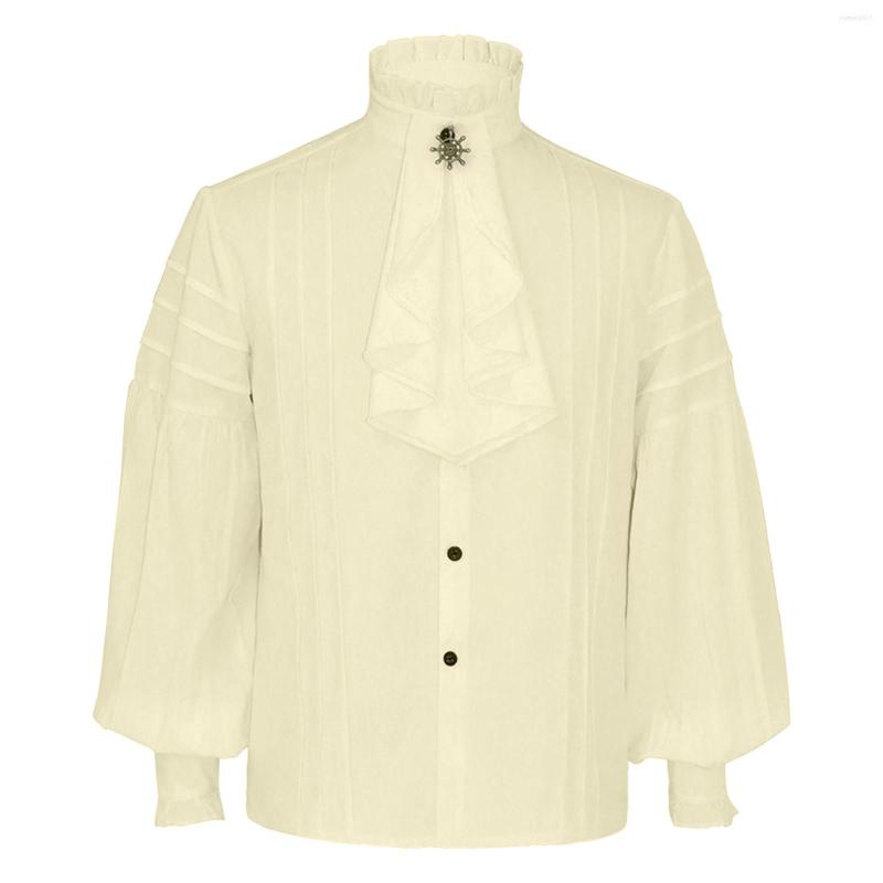 

Men's Casual Shirts Male Gothic Vintage Court Shirt Stand Collar Hem Long Sleeve Puff Blouse Halloween 2022, White