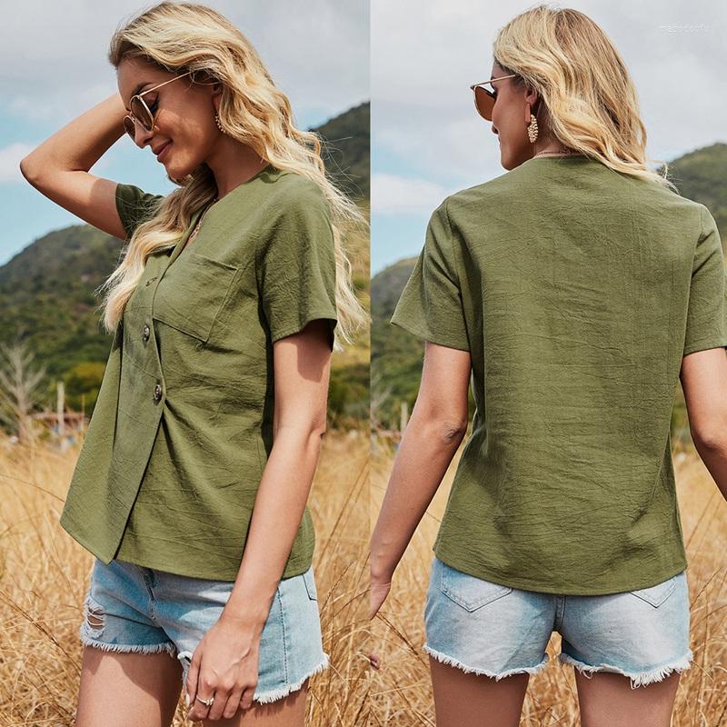 

Women' T Shirts Women' Diagonal Button Short-Sleeved T-Shirt Blouse Green