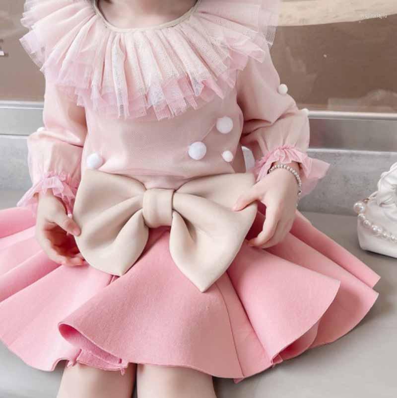 

Girl Dresses Baby Girls Cute Mesh Ruffles Collar Top Big Bow Pleated Dress 2pc Sets Clothes Children Kids Birthday Party Dinne Princess, Picture shown