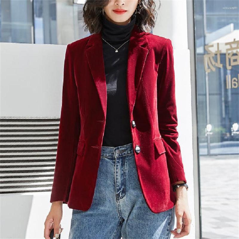

Women's Suits Women Burgundy Velvet Blazer Korea Casual Blazers Jackets Work Coat Outerwear Fashion Autumn Career Female Jacket Office Lady, Black