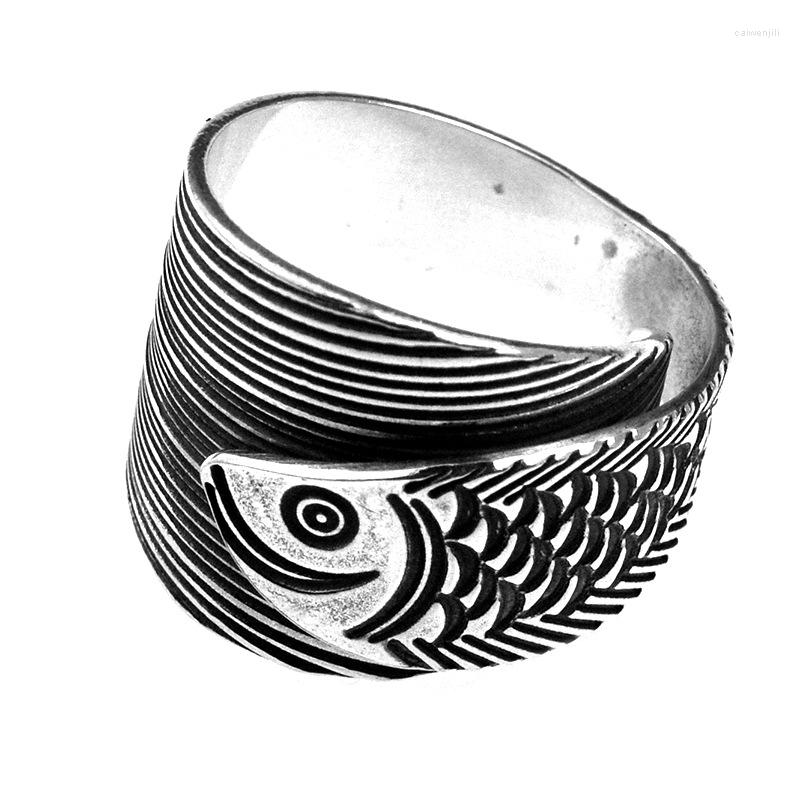 

Cluster Rings Sterling 990 Carved Silver Rich Fish Ring Thai S990 Lucky Open Woman