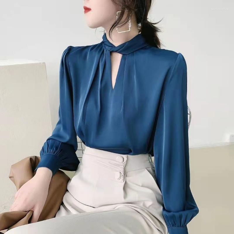 

Women' Blouses Women Imitation Silk Blouse Female Solid Color Long Sleeve Shirts Ladies Office Work Streetwear Elegant Tops G325, White