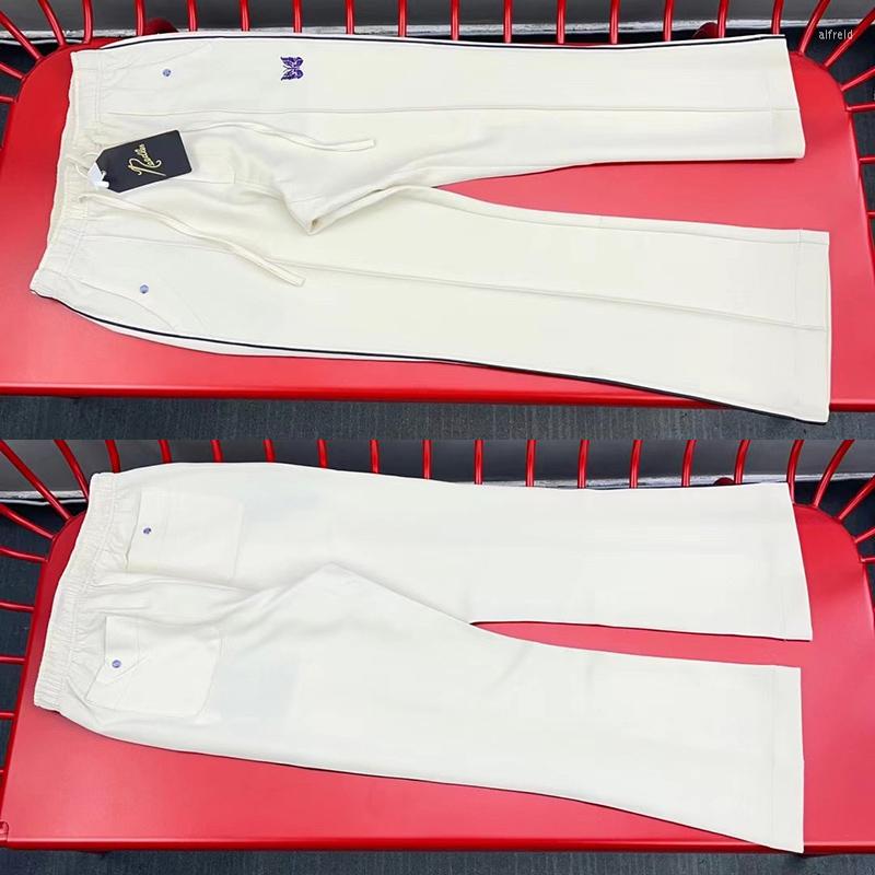 

Men' Pants Beige AWGE NEEDLES Casual Men Women High Quality Purple Stripe Butterfly Embroidery Sweatpants Joggers Trousers