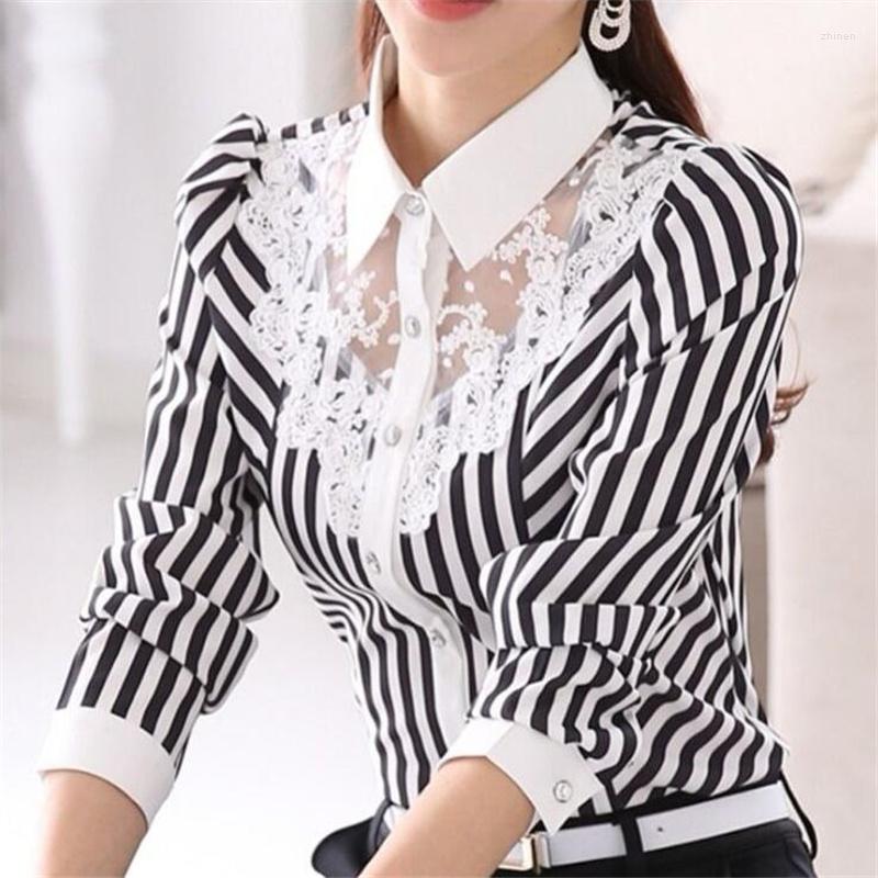 

Women's Blouses Mesh Chiffon Shirts Women's Striped Tops Lapel Slim Feminine Buttons Professional Wear Summer Temperament Offce Lady Me, Stripe short sleeve