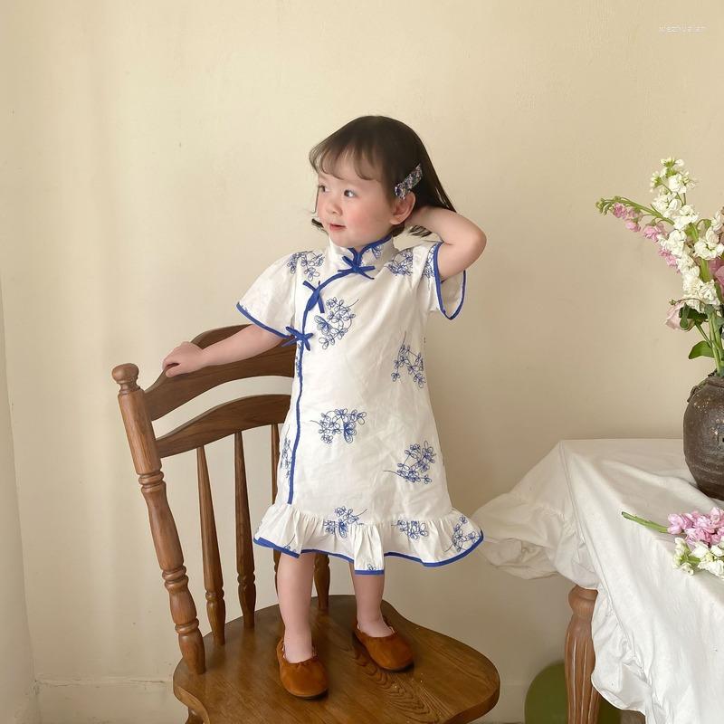 

Girl Dresses Kids Qipao Short-sleeved Dress Baby Summer Hanfu Chinese Style Embroidery Blue And White Porcelain Child Skirt Children, As show