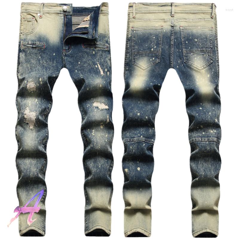 

Men's Jeans Ink Ripped Patch Trousers Retro Stretch Straight Men Clothing