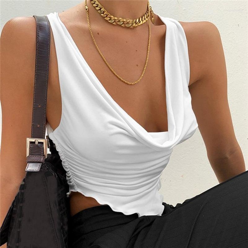 

Women' Tanks SUNCREE Fashion Sexy Women' Top Irregular Hem Folds Tank Woman Deep V-neck Solid Crop Female 2022 Summer Cloth, Black