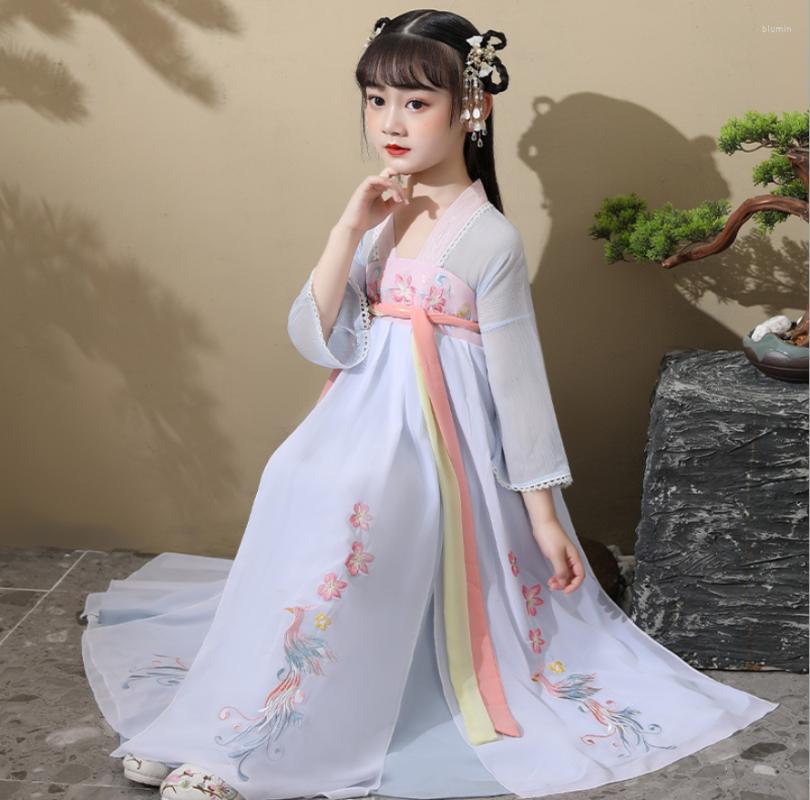 

Girl Dresses Chinese Traditional Dress Costumes Hanfu For Girls Ancient Retro Tang Year Suit Dance Cheongsam Kimono Toddler Cloth, Sky blue
