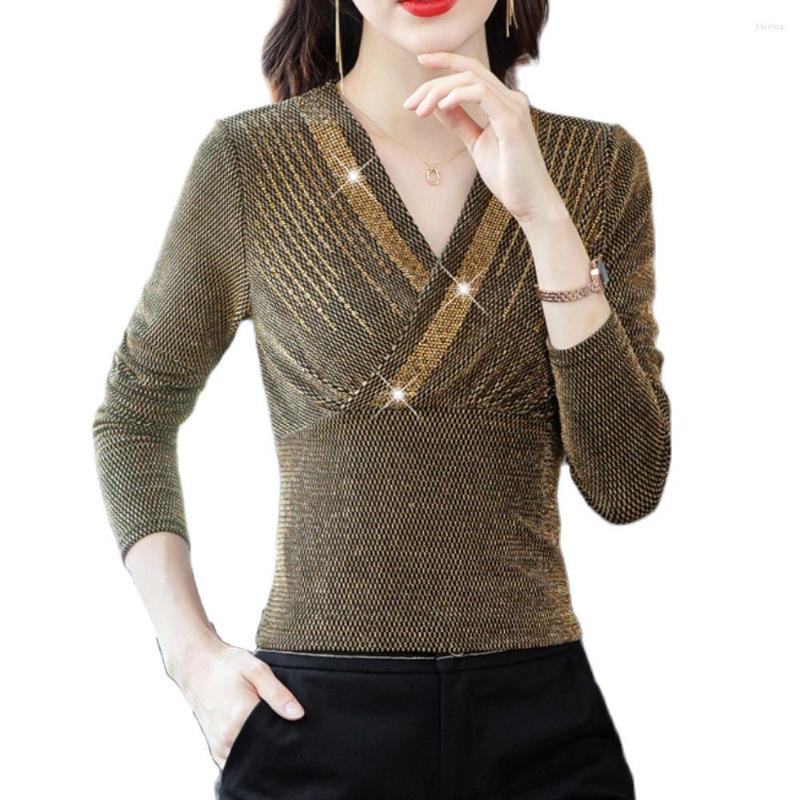 

Women's T Shirts Korean Fashion Women Tops Long Sleeve V-Neck Sexy Bright Silk Bottoming T-Shirt Casual Slim Ladies Stretch Shirt Blusa, Black