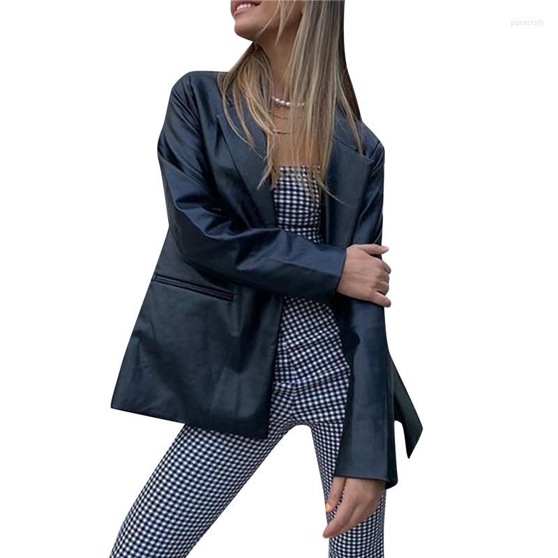 

Women' Leather Women PU Blazer Casual Two Button Lightweight Y2k Lapel Vegan Jacket Coat