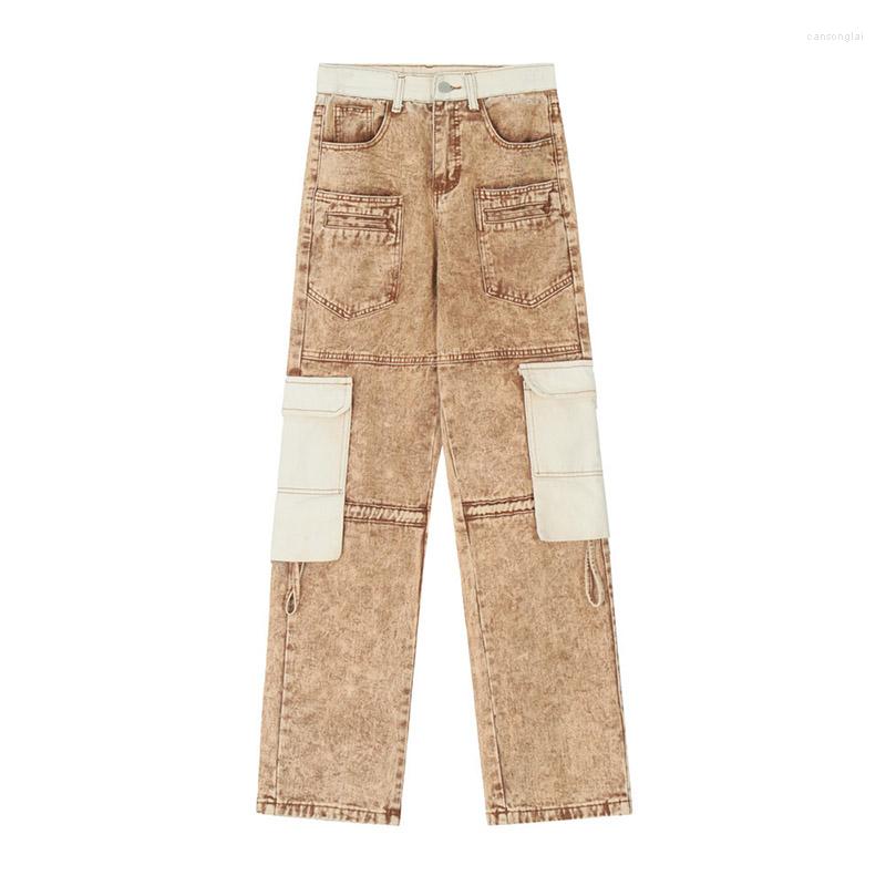 

Men' Jeans High Street Cargo Vintgae Casual Trousers Multi Pockets Straight Color Block Denim Pants For Male Patchwork, Blue
