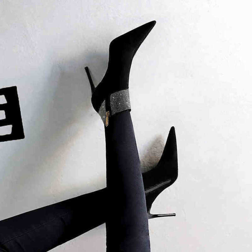 

Ankle Boots Nightclub Sexy Slim Heel High Suede Pointed Lapel Rhinestone Fashion Boots 220820, Black single lining