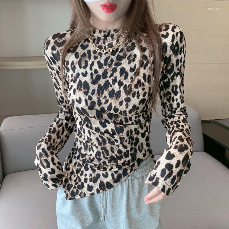 

Women's T Shirts TSXT The Fall 2022 Temperament Tight Sexy Design Slit Irregular Leopard Print Round Collar Long Sleeve T-shirt, Cafe leopard grain