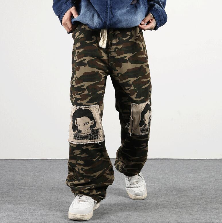 

Pants Camouflage Two Patchwork Straight Overalls Men's Baggy Casual Cargo Unisex Hip Hop Trousers