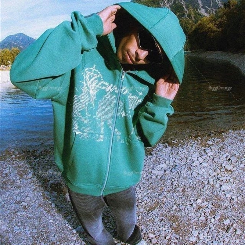 

Men's Hoodies Sweatshirts High Quality Green sweater hoodie letter Print Zipper American Retro Streetwear Y2k Clothes Hip Hop Loose Coat 221008