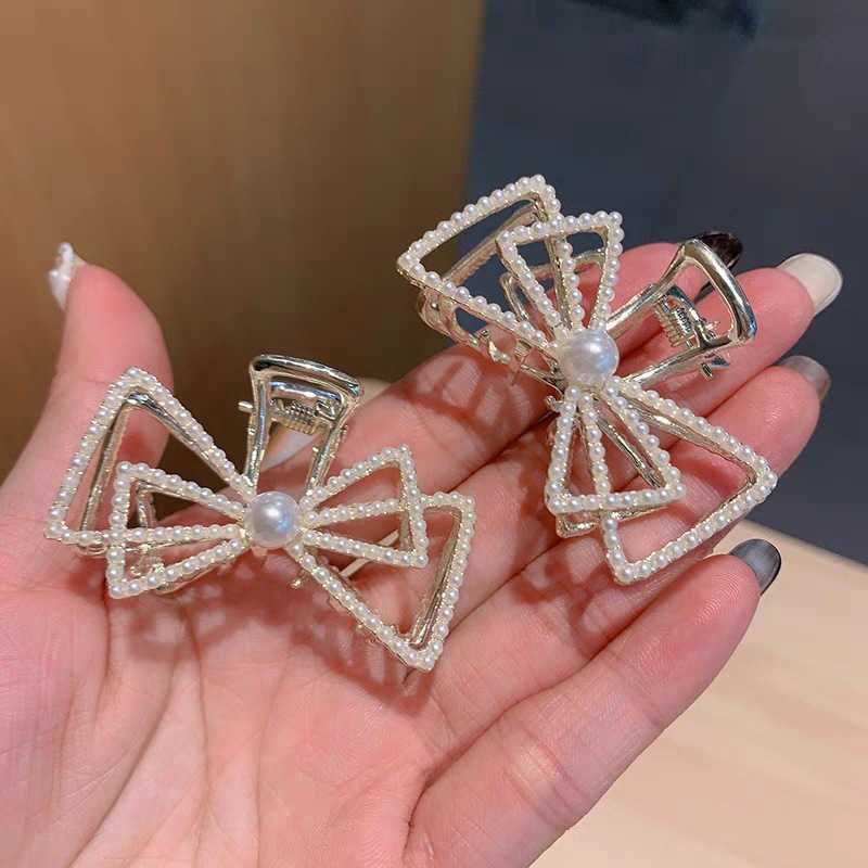 

hair clips Temperament bow knot pearl catch net red fashion light luxury plate back head hair accessories